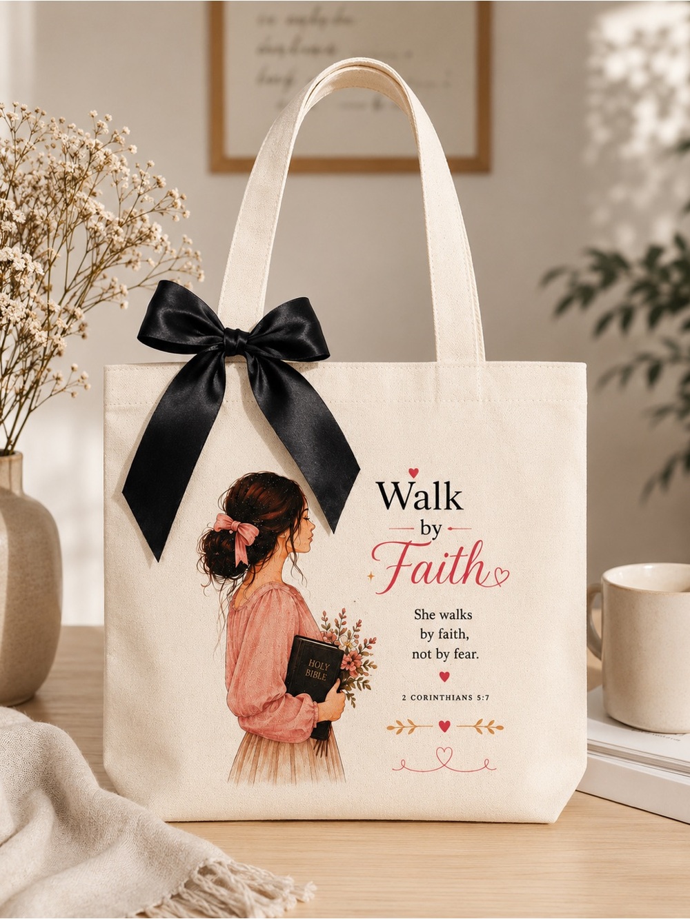 Christian tote bag Girl | Walk by Faith Canvas Tote Bag | Christian Gift | Beige